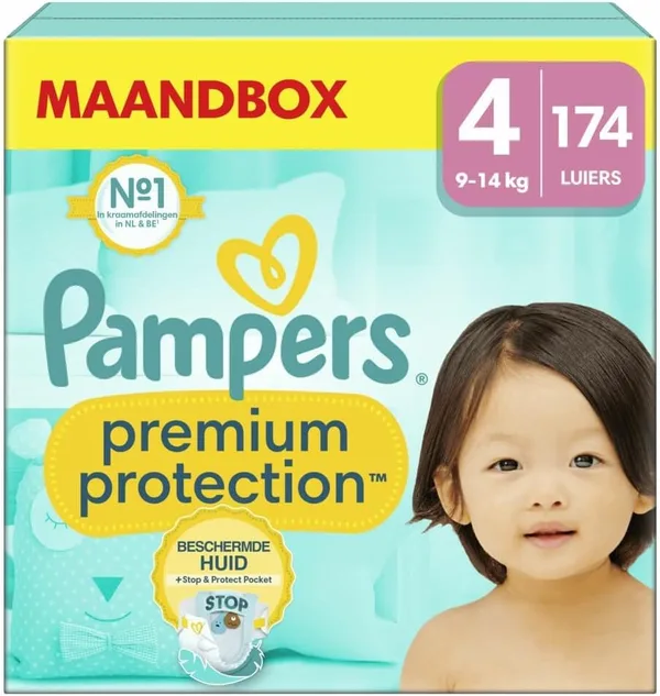 Pampers Pañales para bebé tamaño 4 (9-14 kg) Premium Protection, maxi, 174 unidades, MONATSBOX, la mejor comodidad y protección para pieles sensibles