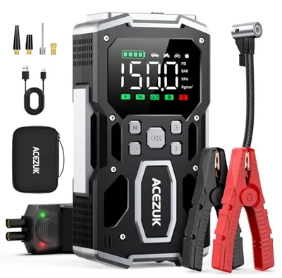 ACEZUK Rozrusznik akumulatora samochodowego, 8000 A i 150 PSI Starter samochodowy z przenośną sprężarką powietrza (wszystkie gaz lub 10,0 l diesel) 12 V Jump Start, 2-punktowy wyświetlacz LCD