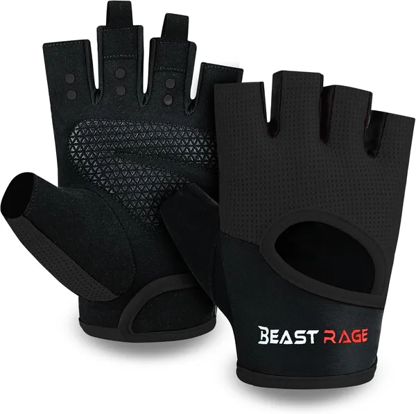 BEAST RAGE Rękawice treningowe dla mężczyzn i kobiet, na siłownię, bez palców, z ochroną dłoni, oddychające i lekkie, do podnoszenia ciężarów, jazdy na rowerze i podciągania