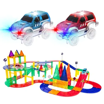 PicassoTiles 80 Klocki Magnetyczne, Magnet Tile Race Car Track, 2 Autka LED