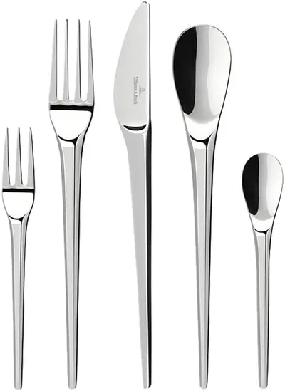 Villeroy & Boch Zestaw sztućców New Moon 30 sztuk dla 6 osób, nadaje się do mycia w zmywarce, nierdzewny, nóż, widelec, łyżka, luksusowy zestaw sztućców, kolacja, stal nierdzewna 18/10