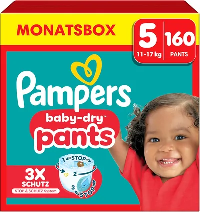Pampers Baby-Dry Pants talla 5, 160 pañales, 11 kg-17 kg, ajuste de 360° ayuda a prevenir fugas