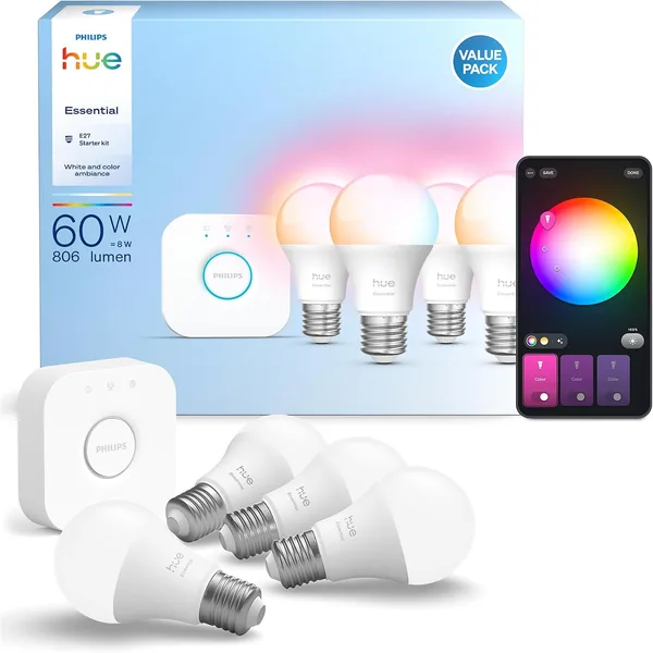 Philips Hue Essential Starter-Set: Bridge + 4 Essential E27 Smart Leuchtmittel, White und Color Ambiance LED Licht, 2200-6500K, dimmbare LED Lampen, funktioniert mit diversen Sprachassistenten
