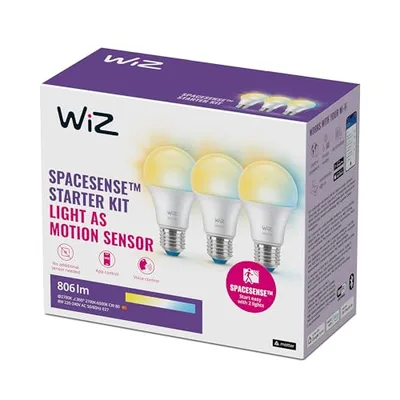 WiZ Smart LED A60 Bulb, Warm to Cool White, E27 Base, 60W, 806 Lumens, Dimmable, Works with Alexa, Google Assistant, and Apple Home, Pack of 3