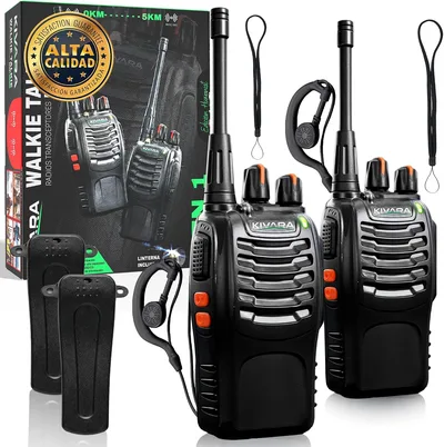 Super zestaw 2 profesjonalnych walkie-talkie talkie dalekiego zasięgu 5 km Premium + 2 x słuchawki Walkie Talkie + zaczep do paska, Walkie-Talkies, PMR446, zestaw do przetrwania