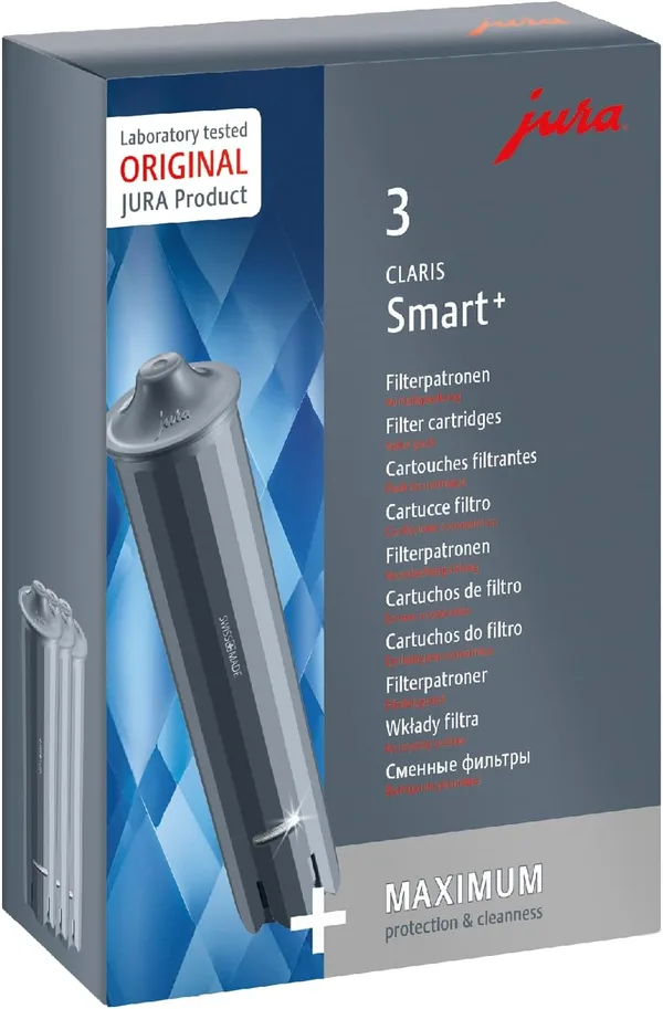 Jura Claris Smart+ Filtr do Wody, Szary, 3 sztuki | Wkład filtrujący z rozpoznawaniem filtra RFID · Higiena z certyfikatem TÜV · Naturalny granulat · Do każdej wody z kranu