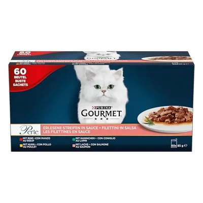 Purina Gourmet, Perle, pregiato cibo per gatti, filettini di carne di pollo, manzo, salmone e coniglio, cibo umido di alta qualità, 60 pezzi x 85 g per og