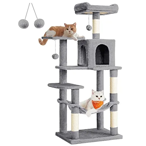 Feandrea Arbre à Chat Hauteur 143 cm, Tour de Jeux pour Chats, avec 4 Poteaux à Griffer, 2 Plateformes, 1 Niche, 1 Hamac, 2 Pompons, en Tissu Peluche, Multi-niveaux, Gris Clair PCT161W01