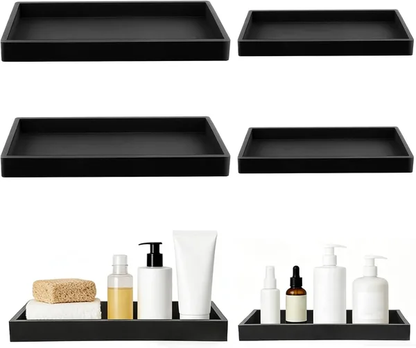 4 Pezzi Vassoio da Bagno Nero in Silicone 2 Misurare Vassoio Decorativo Rettangolare Vassoi Portaoggetti da Bagno e Cucina per Gioielli Sapone Profumi Cosmetici Candele
