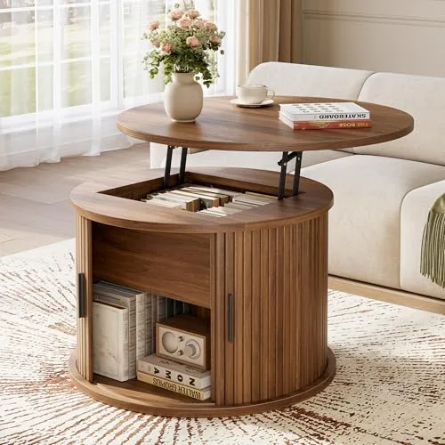Hizyrina 60cm Rund Couchtisch, Höhenverstellbar Wohnzimmertisch mit Verstecktem Stauraum & Hebeplatte, Moderne Hölzerne Akzent Mitte Tisch, Kaffeetisch, Sofa Beistelltisch für Wohnzimmer, Brau