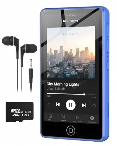 AGXOV Spotify odtwarzacz MP3 80 GB, Bluetooth i Wi-Fi, ekran dotykowy 4,02 cala, odtwarzacz muzyczny ze zintegrowanym Spotify, Amazon Music, Deezer, radio FM, nagrywarka głosu, niebieski