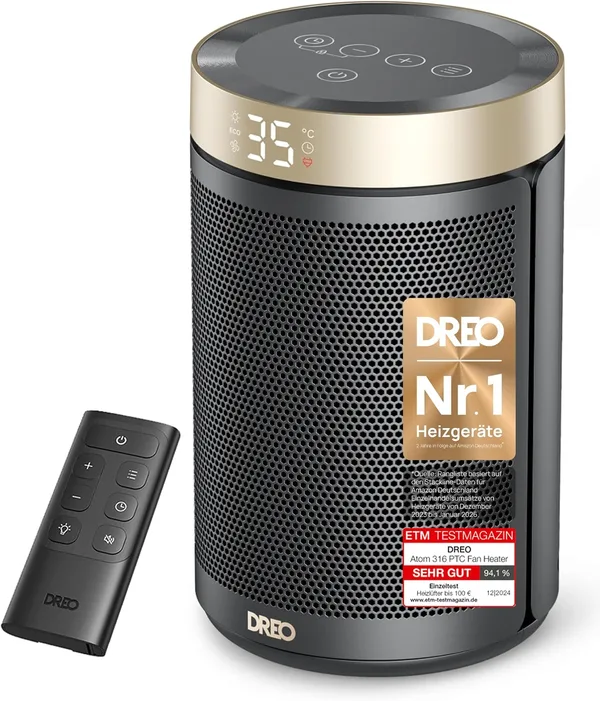 Dreo Energiesparender Heizlüfter, 34 dB Leiser 1500W Elektrischer PTC Keramik, Thermostat, Überhitzungs- & Kippschutz, 12 Std. Timer, Elektroheizung für Räume Schlafzimmer, Heater 316, Gold
