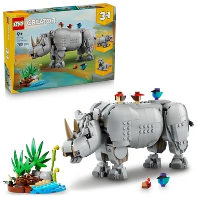 LEGO Creator 3-en-1 Animaux Sauvages : Le Rhinocéros Majestueux et Les Oiseaux - Jouet avec Figurine d'animal se Transformant en Maquette d'Hippo ou en Morse - Cadeau Garçon ou Fille dès 9 Ans 31171