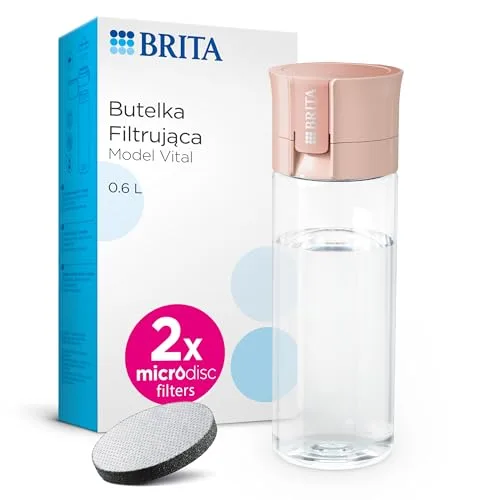 BRITA Butelka filtrująca Vital pastelowa brzoskwinia (0,6l) zawiera 2 filtry MicroDisc - filtruje chlor, zanieczyszczenia, hormony i pestycydy, zachowuje cenne minerały