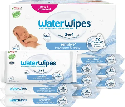WaterWipes Sensitive+ Newborn & Baby Wipes, 99,9% wody, 9 opak. | 3 w 1: oczyszcza, pielęgnuje i chroni, hipoalergiczne, 0% zapachu i alkoholu, 540 szt. do codziennego użytku