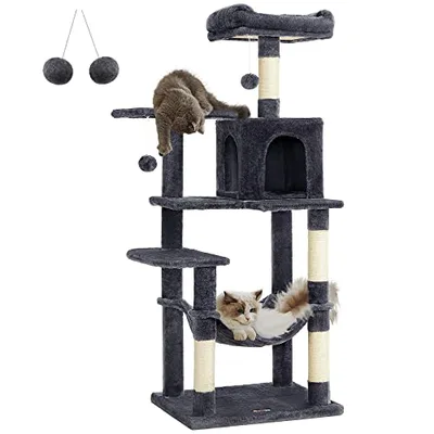 Feandrea Albero per Gatti Alto 143 cm, Tiragraffi per Gatti, con 4 Pali Graffiatoi, 2 Posatoi, 1 Grotta, 1 Amaca, 2 Pompon, in Peluche a Più Livelli, Grigio Fumo PCT161G01