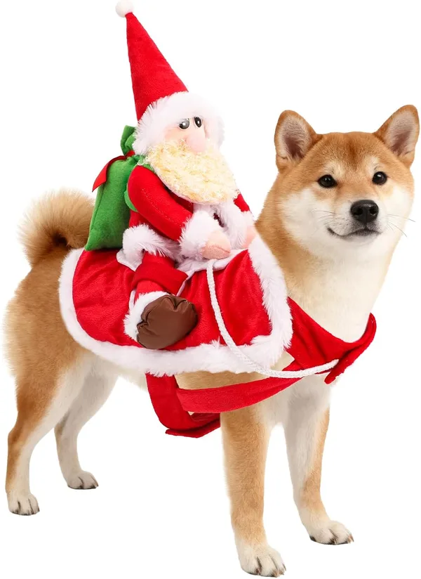 QKURT Disfraz de Papá Noel para Mascotas, Disfraz de Santa Claus Montando en Mascotas, Ropa de Navidad para Perros, Perro Santa Claus Ropa de Fiesta, Traje de Navidad para Perros