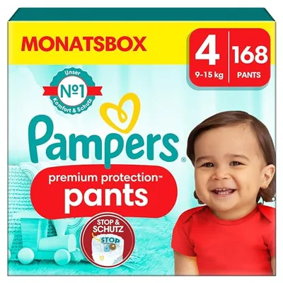 Pampers spodnie na pieluchy, rozmiar 4 (9-14 kg), ochrona premium, 168 spodni na pieluchy, pudełko miesięczne, Pampers nr 1, zapewniające komfort i ochronę wrażliwej skóry