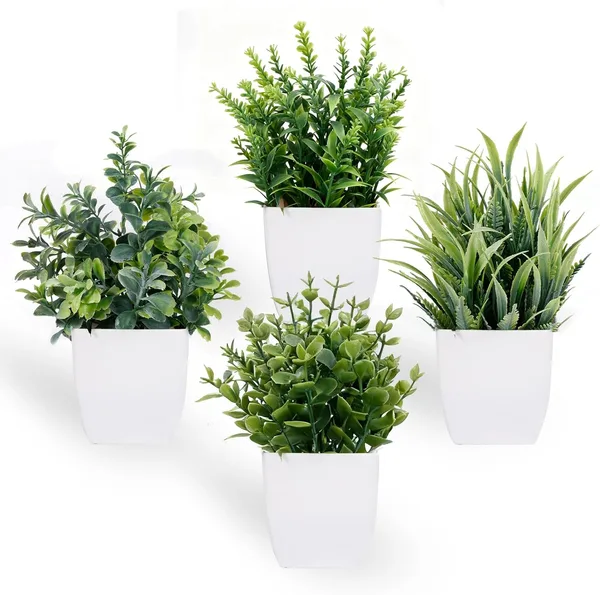 Piante artificiali con vaso, 4 pezzi, piante artificiali, piccole piante verdi, decorazioni in plastica, decorazione per interni, per ufficio, casa, camera da letto, soggiorno, bagno