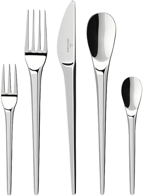 Villeroy & Boch Zestaw sztućców New Moon 30 sztuk dla 6 osób, nadaje się do mycia w zmywarce, nierdzewny, nóż, widelec, łyżka, luksusowy zestaw sztućców, kolacja, stal nierdzewna 18/10
