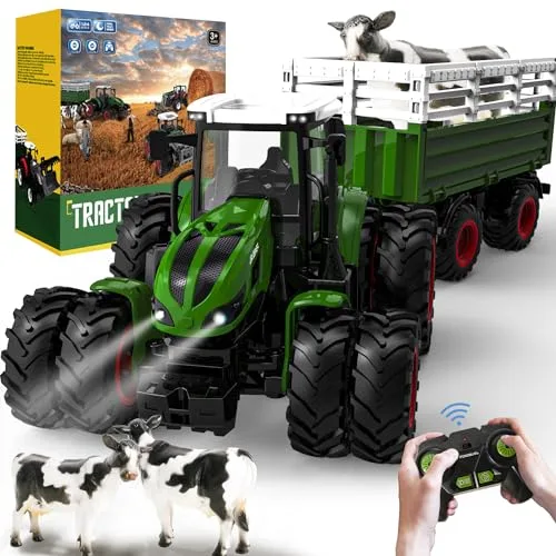 Zdalnie sterowany traktor RC z przyczepą, zabawka traktor dla dzieci w wieku 3 4 5 6 lat, ciągnik rolniczy ze światłem i dźwiękiem, idealny na prezent dla dzieci w wieku 3 4 5 6 lat
