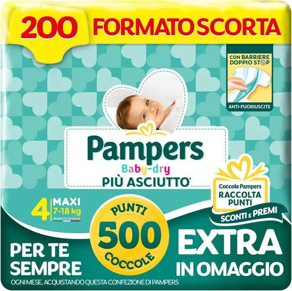 Pampers Baby Dry Maxi, Taglia 4 (7-18 kg), 200 Pannolini Bambino