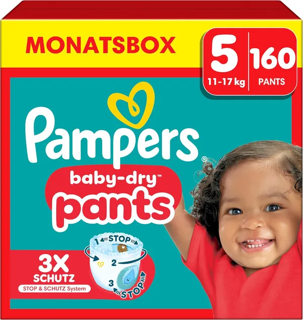 Pampers Baby-Dry Pants Größe 5, 160 Windeln, 11kg-17kg, 360° Passform hilft, Auslaufen zu verhindern