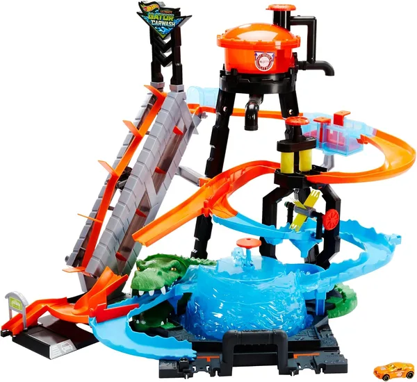 Hot Wheels Mega Autolavaggio Playset per Macchinine con Pista Selvaggia e Coccodrillo, Torre dell'Acqua, Vasca del Vortice, Un Veicolo Cambiacolore, FTB67
