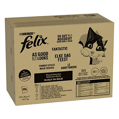 FELIX Fantastic Mokra Karma dla Kotów Wybór Smaków, Pakiet Ekonomiczny, 120 Wygodnych Saszetek, Delikatne Kawałki w galaretce, 4 Pyszne Smaki, 100% Pełnoporcjowe i Zbilansowane żywienie