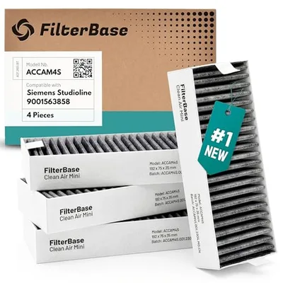 FilterBase® Zestaw 4 filtrów z węglem aktywnym - pasuje do 9001421821 9001563858 / Siemens Studioline HZ9VRCR0 / Bosch HEZ9VRCR0 / Neff Z821VR0 / Gaggenau CA282111 i Constructa CZ9VRCR0 (195x75x35 mm)