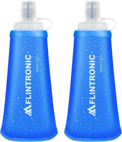 flintronic Butelka TPU składana, Soft Flask, bez BPA, butelka sportowa do plecaka na napoje, na rower, wędrówki, bieganie, camping i wspinaczka (2 szt. Niebieskie, 500 ml)