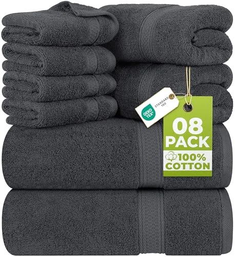 Utopia Towels 8-częściowy zestaw ręczników z bawełny z zawieszką – 2 ręczniki kąpielowe, 2 ręczniki do rąk i 4 ściereczki do mycia (szary)