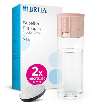 BRITA Butelka filtrująca Vital pastelowa brzoskwinia (0,6l) zawiera 2 filtry MicroDisc - filtruje chlor, zanieczyszczenia, hormony i pestycydy, zachowuje cenne minerały