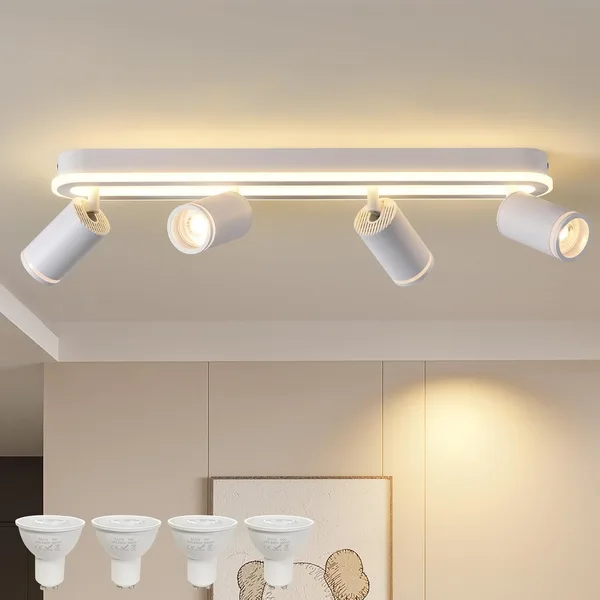 MYCUL Lampa sufitowa LED z 4 płomieniami 350°, lampa sufitowa z dolnym żarnikiem 36 W + 4 x 5 W GU10, 3000 K, ciepła biel reflektor sufitowy, nowoczesna lampa sufitowa, reflektor do kuchni, biały