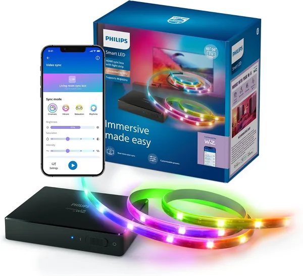 Philips Smart Lighting HDMI Sync Box m. TV-Backlight, RGBIC-LED-Streifen für 40–50-Zoll-TVs, Synchr. mit Filmen, Musik, HDMI 2.0, 4K bei 60 Hz, Connected by WiZ, Externe Videoquelle Erforderl.