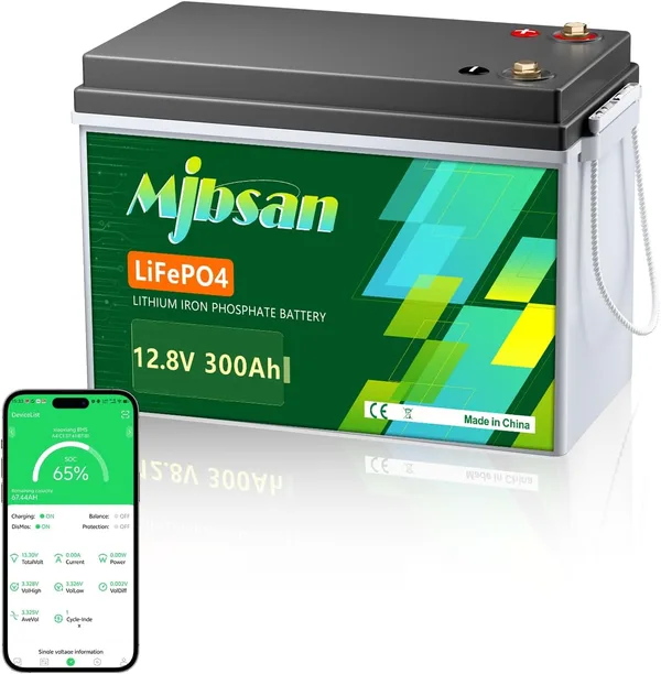 Bateria Mjbsan 12V 300Ah LiFePO4 z wbudowanym Bluetooth 200A BMS, 3840Wh akumulator litowy o głębokim cyklu, cykle 8000+, idealny do kamperów, przyczepy słonecznej, łodzi i kempingu