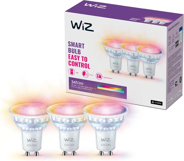 WiZ GU10 smarte LED Lampe, Glas, 3er-Pack - 50W, mit 16 Mio. Farben + Weißschattierungen, WLAN/Bluetooth, Sprach- / App-Steuerung, funktioniert mit Google Home, Alexa und HomeKit