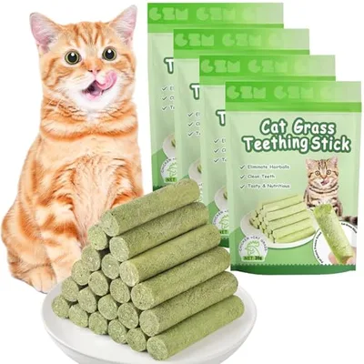 OSDUE Bâton d'herbe à Chat, 24pcs Bandes Bâton Chats de Dentition d'herbes à Mâcher Dentition lyophilisé Comestible pour Le Nettoyage des Dents et Élimination des Boules de Poils pour Chat