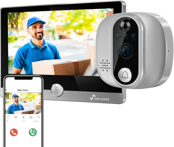 NIVIAN Mirilla Digital WiFi - Cámara vídeo Full HD con Batería y Timbre, Audio Bidireccional, Detección PIR y Visión Nocturna | App y Control por Smartphone