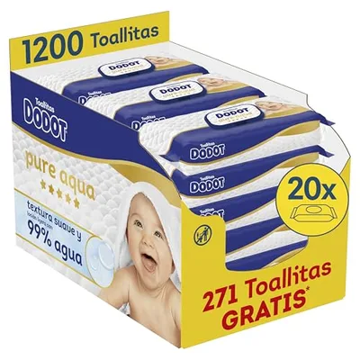 Dodot Pure Aqua Touch Chusteczki dla niemowląt 20 opakowań po 60 sztuk = 1200 chusteczek, miękka konsystencja i balsam z 99% wodą
