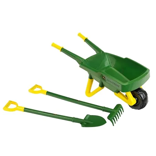 Theo Klein 3952 John Deere Schubkarren Set I Robustes Gartengeräte-Set für Kinder I Inkl. Schaufel und Rechen I Spielzeug für Kinder ab 3 Jahren