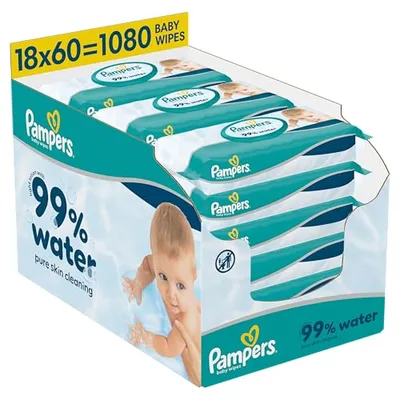 Pampers 99% salviette umidificate per bambini, 18 confezioni da 60 salviettine umidificate = 1080 salviette umidificate per bambini, lozione leggera con acqua al 99%
