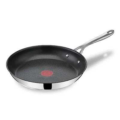 TEFAL E30406 Jamie Olivier Cooks Direct Patelnia 28 cm, stal nierdzewna, nieprzywierająca powłoka wzmocniona tytanem, wskaźnik Thermo Signal, nitowany uchwyt, do wszystkich kuchenek, srebrny/czarny