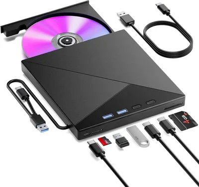 Zewnętrzny napęd CD/DVD Przenośna Nagrywarka Odtwarzacz 7 w 1 | Interfejsem USB 3.0 i Type-C oraz Czytnikiem kart SD/TF i Hubem USB Kompatybilny z Mac/Linux/PC/Laptopa/Windows