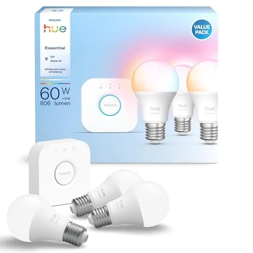 Philips Hue Smart Lighting Starter Kit mit 3 Lampen und Bridge, Weiß- und Farbatmosphäre, E27-Lampen, 806 Lumen, 60 W, inklusive Bridge, App-Steuerung, kompatibel mit Alexa und Google Assistant