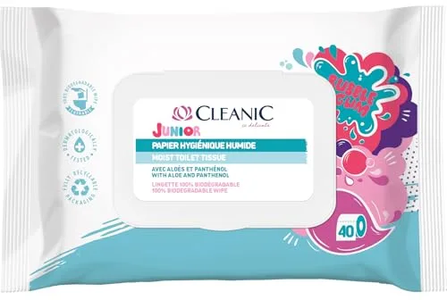 Cleanic Junior - Papier Toilette Humide pour Enfants Jetable - Combinaison de Papier Hygiénique et de Lingette Humide - Parfum de Chewing-Gum - Aloe Vera - Panthénol - 40 pièces.