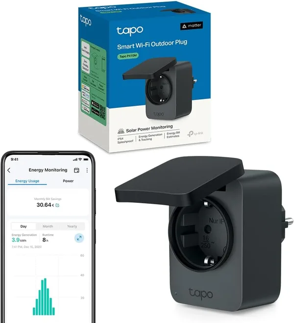 Tapo P410M gniazdko Wi-Fi na zewnątrz, Smart Home Plug z licznikiem prądu, IP54, działa z Alexa, Google Assistant, Siri, SmartThings & Matter, zdalne sterowanie, harmonogram, Wi-Fi 2,4 GHz, 3680 W/16