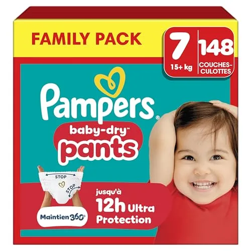 Pampers Baby-Dry Pants Rozmiar 7, 148 Pieluch-Majtki, 15kg+, 360° Ochrona przed wyciekiem w dzień i w nocy, Family Pack