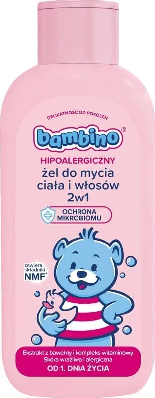 Bambino Żel do mycia ciała i włosów 2w1 400 ml – od 1 dnia życia, delikatny żel dla niemowląt i dzieci, pH przyjazne, bez łzawienia