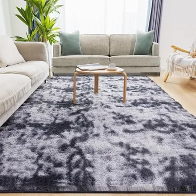 Hochflor Teppiche Wohnzimmer Flauschiger Weich, 240x340, Tie-Dye Dunkelgrau